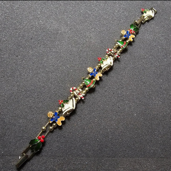 Vintage Avon Christmas Holiday Slide Cahrm Bracelet Enamel Gold Tone 8" Long - Picture 1 of 7